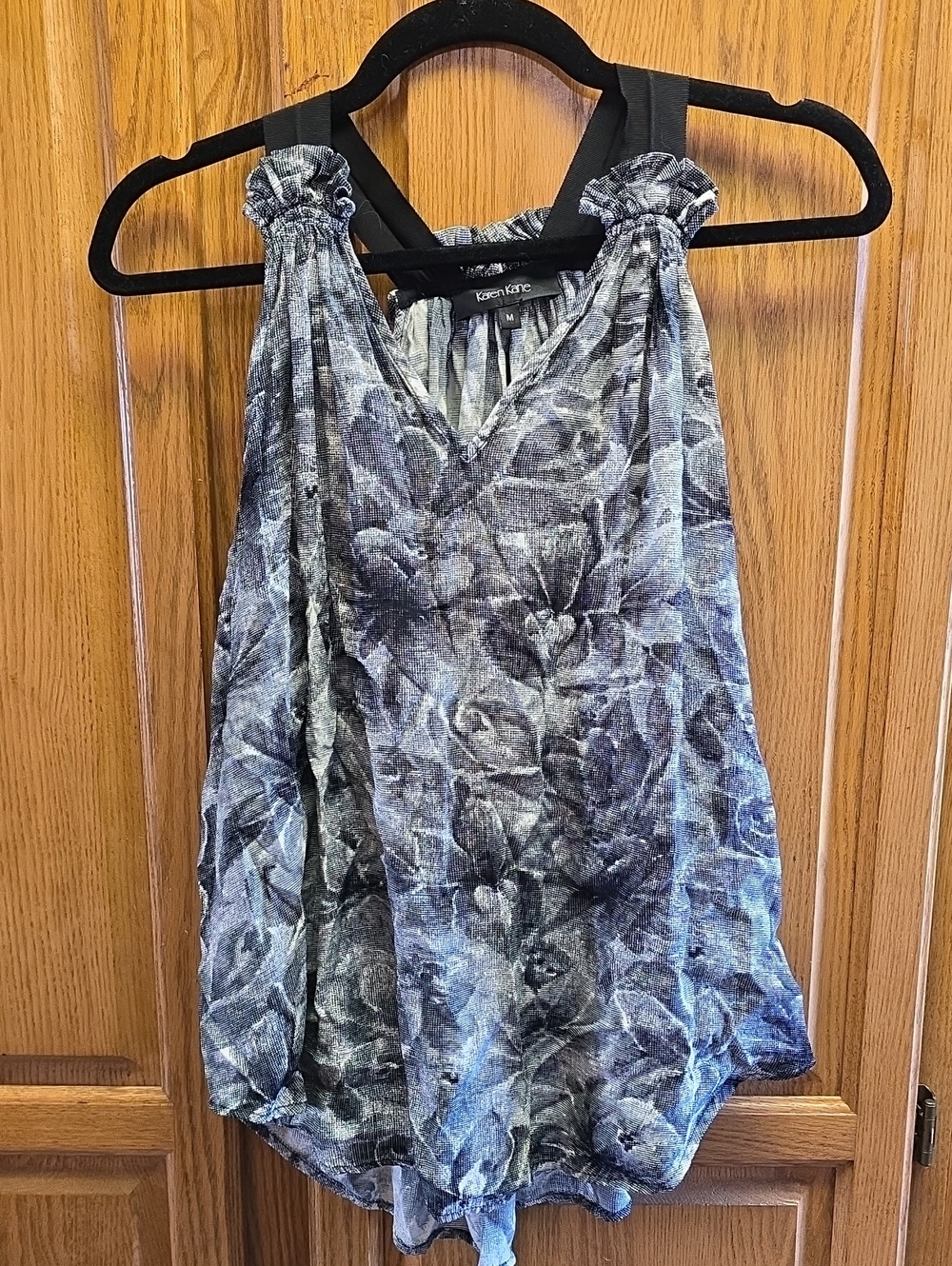 Karen Kane B/W Floral Ribbon Racerback Tank, Pleated Details, Size M